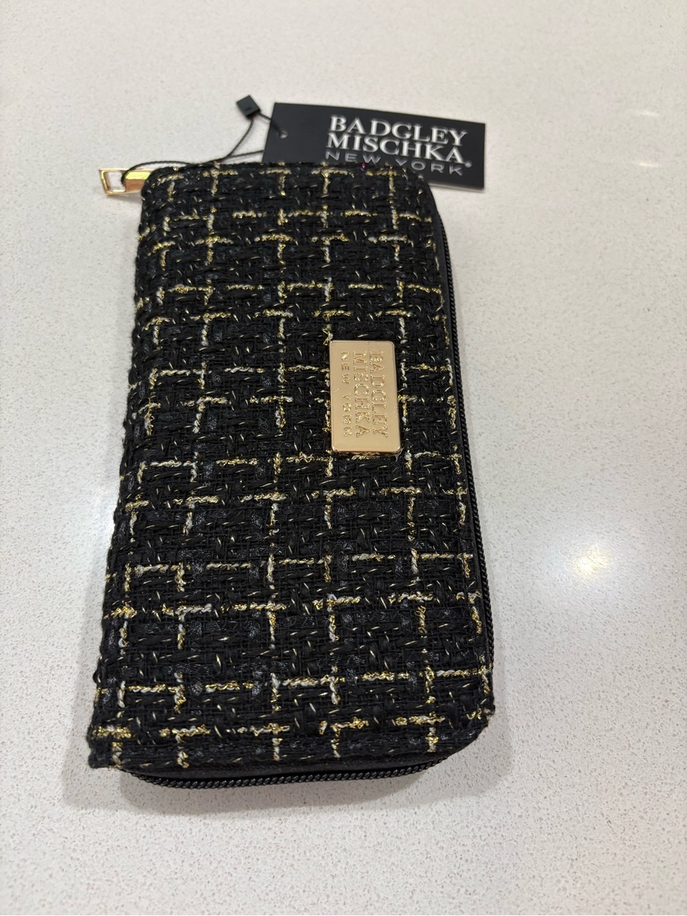 Badgley Mischka Black and Gold Tweed Zip Wallet Clutch NWT